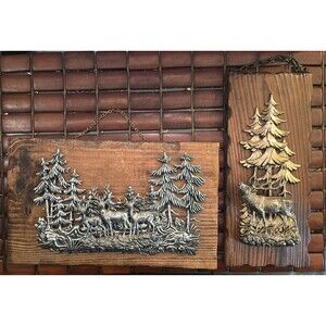 Vintage Deer & Elk A&F Canada Metal & Wood 3-D Relief Wall Art Plaques